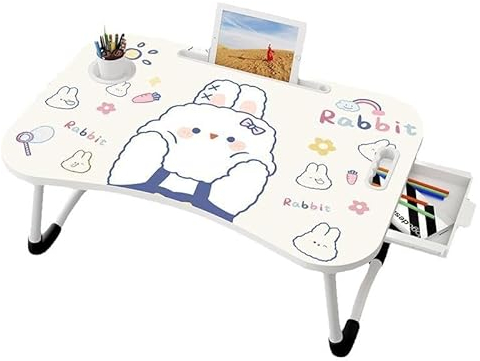 Moderner, niedlicher Cartoon-Laptop-Betttisch, Getränkehalter/Kartenfach/Griff/Schublade/klappbares Bein, tragbares Betttablett, Bett, Essen, Schreiben, Schreiben (weiß)