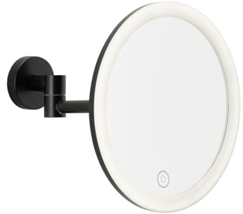 tesa Espejo Maquillaje LED VISIOON - Espejo de Tocador para Pared con Iluminación Regulable - Control Táctil, Aumento 5X, Brazo Articulado, Batería Recargable - Sin Taladro - 18 cm - Negro
