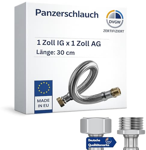 LAXARA | DVGW gep. Panzerschlauch 1 Zoll DN25 Edelstahl Flexschlauch Wasseranschluss Heizung Enthärtungsanlage mit Edelstahlumflechtung | 30 cm Überwurfmutter x Außengewinde