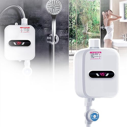 QIeAny Instant Tankless Water Heater for Bathroom(50-80L),3500W Insant Water Heater,LCD Display,Temperature Control (30~55℃),hanging,Stainless Steel,Rotation Control,White