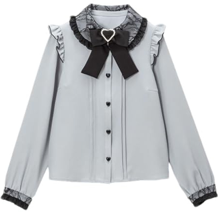 Cuteighteen Lolita Chemisier victorien à manches longues en dentelle avec col Peter Pan pour femme Style gothique Kawaii vintage avec nœud à volants, gris, Taille M