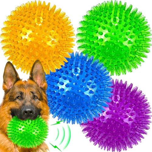 LECHONG 4-Pack Large Squeaky Dog Balls, 12cm Rubber Spiky Dog Balls for Large Medium Aggressive Chewers Teeth Cleaning, Chew Toy for Training & Boredom Buster