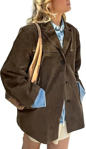 A&M Express Chaqueta tipo blazer de piel de ante marrón oscuro - Abrigo suelto elegante con bolsillos para mujer, marrón oscuro, L