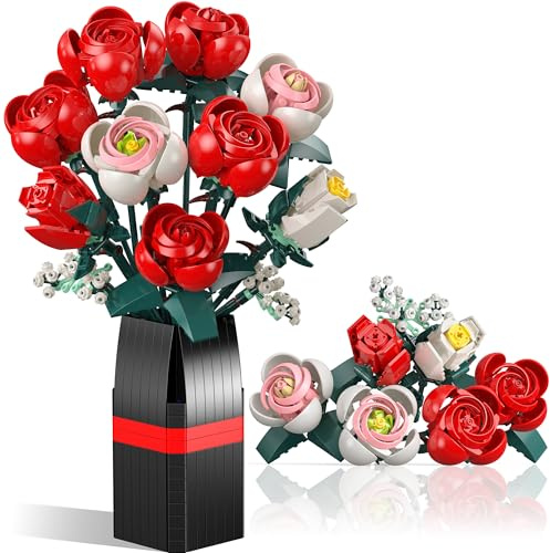 Ensemble de Blocs de Construction de Bouquet de Fleurs pour Enfants, Maison ou Bureau Décoration Artificielle de Roses, Cadeau pour Adultes, Femmes, Saint-Valentin, Fête des Mères, Anniversaire