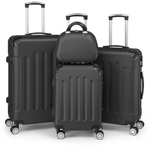 LEADZM Kofferset 4 teilig (Schwarz) | Reisekoffer Set mit Kosmetikkoffer und Eckenschutz, Koffer Set Hartschalen-Trolley aus ABS mit Teleskopgriff, Handgepäck