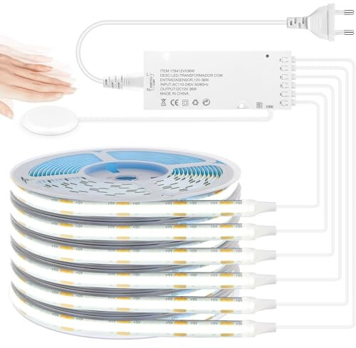 LRGBST 12V COB LED strisce, 6 rulli 2M Bianco LED strisce with Touch and Hand Sweep Switch per armadio, cucine, vetrine, scaffali, scaffali, pannelli acustici illuminazione