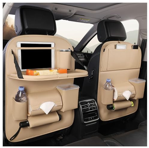 HKSOPC 2 Stück Autositz Rückenlehnenschutz für VW Taigo Touran Tiguan GTI GTD, Auto Organizer Multifunktional Wasserdicht Rücksitz Organizer mit Klapptisch,F Beige