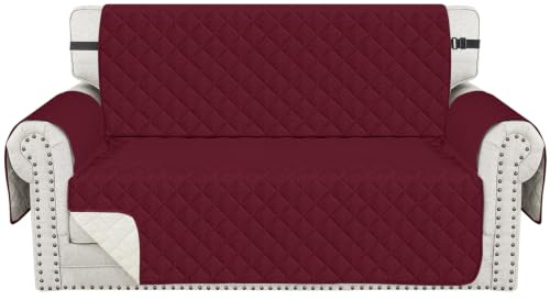 CYCMACO Sofabezug Wasserdicht 2 Sitzer Mit Armlehnen, Sofaschoner Kratzfest Für Katze Hund, Universal Sofa Covers rutschfest, Dicke Couchüberzug Mit Seitentaschen, Waschbar, Bordeauxrot
