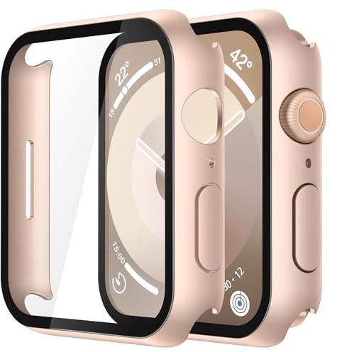 Misxi Schutzhülle mit Displayschutz für 45mm Apple Watch Series 9/8/7 | 2 Stück, Harte PC-Hülle, Gehärtet Displayschutzfolie, Kratzfest & Stoßfest, Ultradünn, 1 Rosegold + 1 Transparent
