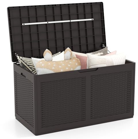 HOMASIS 380L Auflagenbox mit Rollen, XXL Gartenbox aus PP-Rattan wetterfest, abschließbar Aufbewahrungsbox mit Deckel, Kissenbox Kissentruhe Auflagentruhe Gartentruhe, 111 x 56 x 61 cm (Braun)