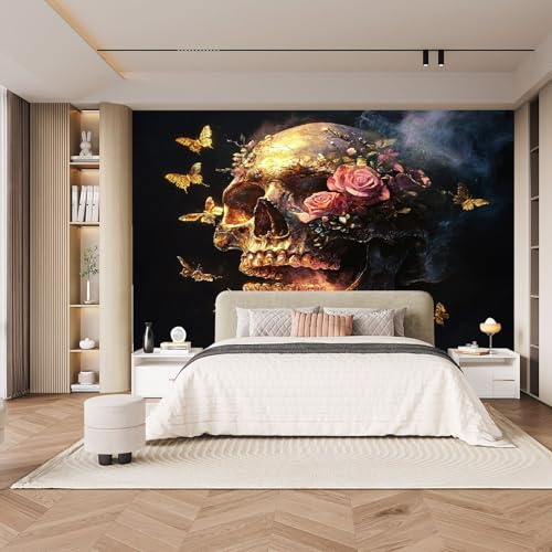 Generisch tapete vintage 500x280cm Totenkopf Schmetterling Blumen kindertapete 3D Wanddeko ohne Rückenkleber, Leinwandmaterial, nahtlos zu montieren