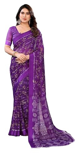ETHNICMODE indien Sari For femme Printed Georgette Light Weight Party Wear Purple Saree With Unstitched Purple Blouse Piece-1210