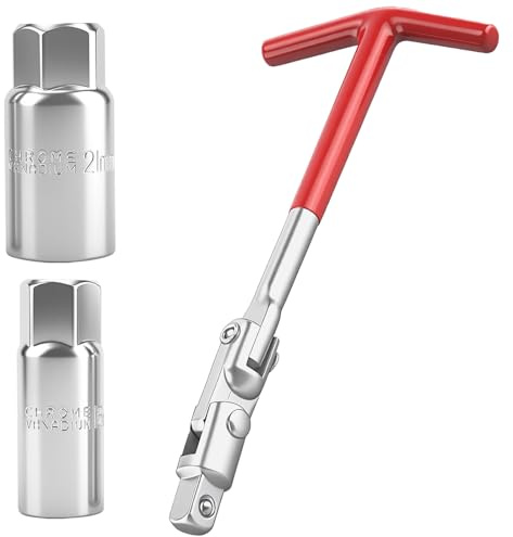 Spark Plug Removal Tool Set,16mm & 21mm Stainless Steel Spark Plug Socket Wrench with Flexible Spanner & Silicone Red T-Bar Handle for Easy Car Maintenance