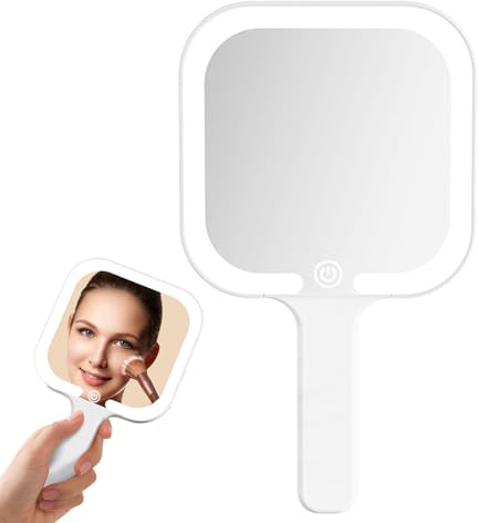 Colexy Handspiegel mit Licht, Make up Spiegel mit Beleuchtung, Tragbarer Kosmetikspiegel, Touch Schalter, 3 Lichtfarben, USB Aufladung, Spiegel mit Griff Friseur Make Up Zuhause Reise (Eckig)