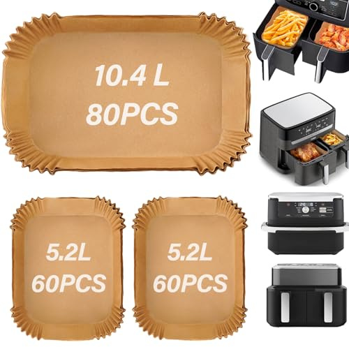 SdreMelo Papier Cuisson pour Ninja 10.4L 200Pièces Papier Cuisson Air Fryer Paper Cuisson Liner Qualité Alimentaire 10.4L Dual Zone 5.2L Papier Sulfurisé pour Ninja Foodi Flex AF500EU/AF500EUCP (200)