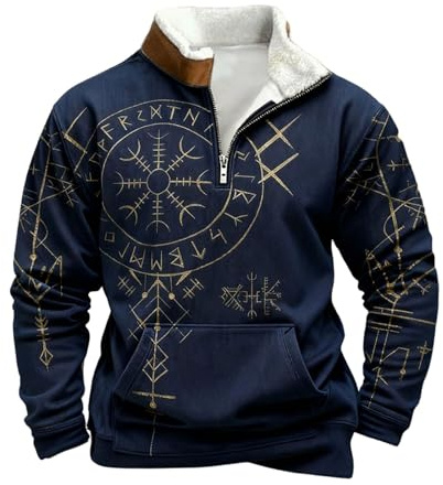 Generisk tröja för män, viking, halv dragkedja, tröja, långärmad, tröja, utomhus, gotisk, medeltida tröja, taktisk, mjuk, varm, arbetströja med fleece, tröja, herr, C4, 3XL