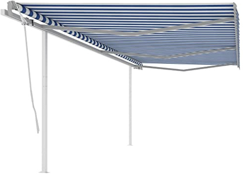 Auvent à bras articulés, rétractable, 6 x 3 m, bleu et blanc, protection UV, pour terrasse, structure en métal revêtu par pulvérisation, avec manivelle, pour extérieur