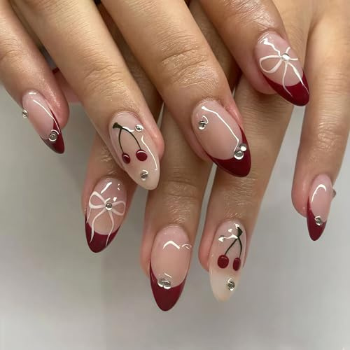 24Pcs Red French Tip Press on Nails Medium Almond Fake Nails with Red Cherry Bow Designs Glossy False Nails with Cute Rhinestones Acrylic Gel Glue on Nails for Women Manicure Decoration 24Pcs