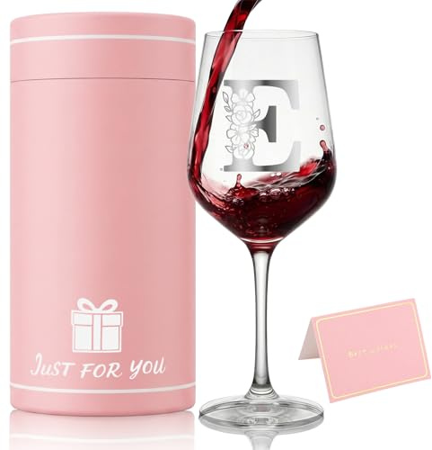 Bliceon Personalised Wine Glass for Women, Personalised Gifts for Women, 16oz Initial Gin Glass Set, Birthday Gifts for Mum Sister Wife, Wedding, Drinking Glasses Wine Gift (E)