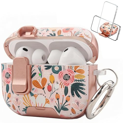 Pouc Skyddsfodral kompatibelt med AirPods Pro 3:e generationen söta blommiga AirPods Pro 3 fodral med lås rosa bär blomskal med telefonstativfunktion och karbinhake