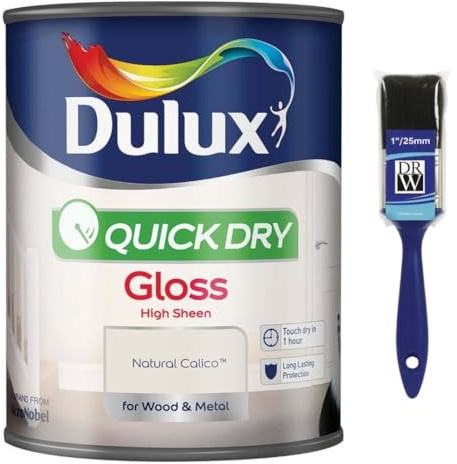 Natural Calico Quick Dry Gloss Paint 750ml+ 1 Paint Brush | Interior Wood and Metal Paint | High Shine Durable Finish | Fast Drying Trim Paint for Doors Skirting Boards Radiators and Furniture