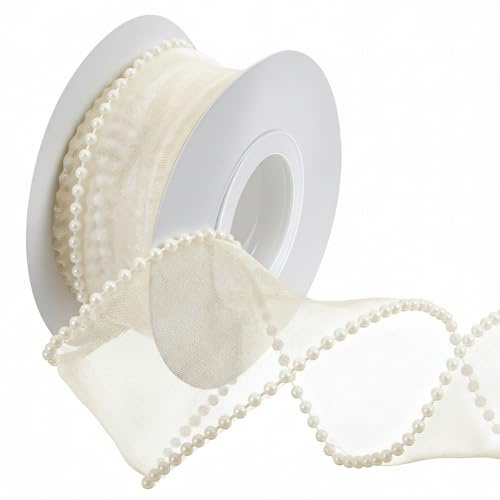Nogeqi Perlenband,Geschenkband Weiss,4.5m Spitzenband,Schleifenband Weiss Chiffon-Band,Transparente Hochzeit Diamantene Hochzeit Deko für Hochzeits Blumen DIY Bastelarbeiten Verpackung(Cremefarben)
