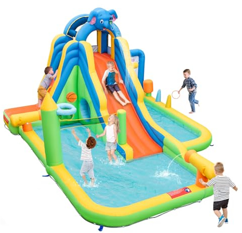GYMAX Kids Bouncy Castle, 9 in 1 Inflatable Water Park with Slide, Climbing Wall, Water Cannons, Volleyball Area, Tunnel, Basketball Hoop, Ball Shooting & Toss Game, Bounce House for 3-10 Years Old