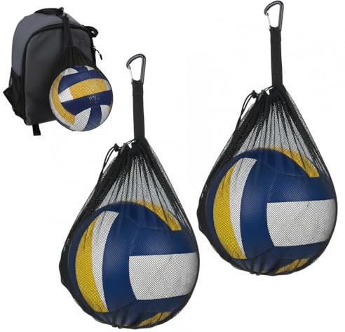 Nylonbollnät, bollpåse för 1 boll, bärbart vikbart bollnät, bollväska med karbinhake och dragsko, kan fästas på en skolväska, för basket, fotboll, volleyboll (svart 2 st)