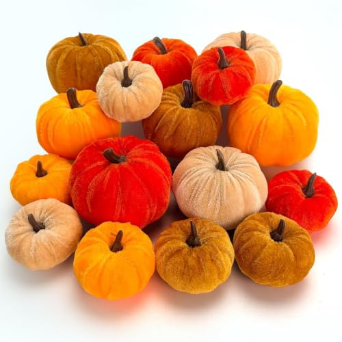 wokdsbl 16 PCS Pumpkin Decorations Velvet Pumpkins Mini Artificial Pumpkins | Foam and Velvet Material, Halloween Table Decor, Autumn Displays, Four Colours, Three Sizes, Reusable Seasonal Decoration