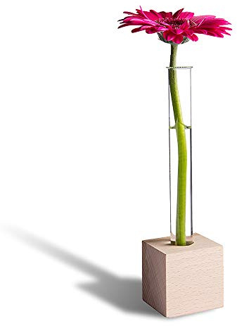 Tuuters Reagenzglas Vase aus Holz für eine Blume, 1 Glas mit Korken, Deko | Reagenzglashalter aus Buche: Schmale Reagenzgläser mit Ständer, Halterung für Glücksbambus, Pflanzen Stecklinge Anzucht
