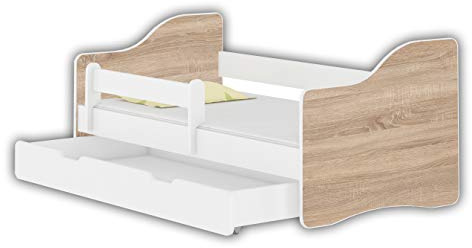 ACMA Jugendbett 160x80 Kinderbett mit Einer Schublade mit Rausfallschutz und Matratze, Weiß Happy, Farbe Eiche Sonoma, mit Lattenrost, stabil, Kinderzimmer Bett, Jugendmöbel