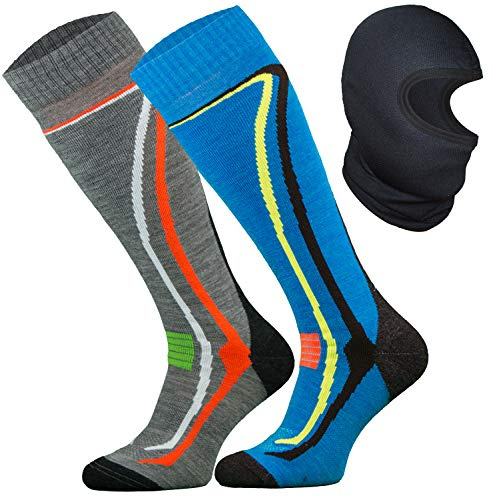 TODO 2 Paia Caldo Calze Sci Uomo Donna - 50% Lana Merino + Passamontagna Sci Termico in Un Set, Calzini Sci Alpinismo Termiche (2 Paia: Grigio-Blu + Passamontagna, 43-46)