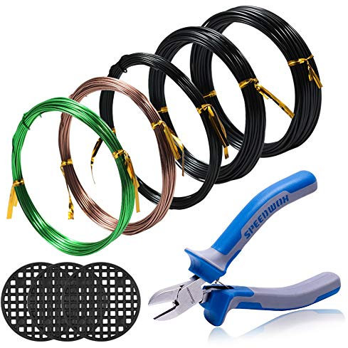 SPEEDWOX Bonsai-Draht-Set, 5 Rollen mit 3 Größen, 1 mm, 1,5 mm, 2 mm, Aluminiumdraht, insgesamt 50 m, CR-V, Bonsai-Drahtschneider, 3 Stück, rund, Blumentopf-Loch, Netz-Pad, Baum-Werkzeug-Set