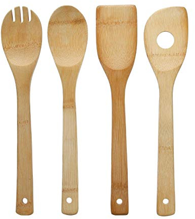 VITA PERFETTA 4 Ustensiles de Cuisines en Bambou - Cuillère, Spatule, Cuillère à Trou (30 x 6 cm)