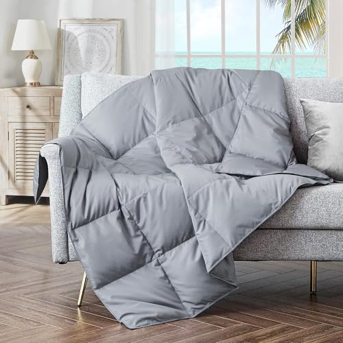 puredown® Soft Feather Down Throw Blanket Lightweight Packable Couch Throw for Indoor and Outdoor Use, Throw 50X70, Sliver Gray