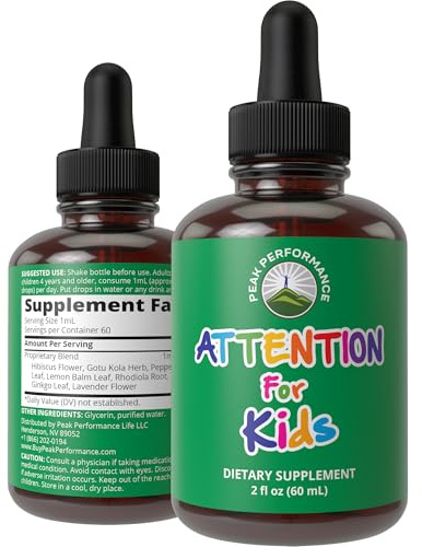 Kids Focus Drops - Attention Deficit Liquid Supplement for Concentration Brain, Memory - No Bitter Taste - Natural Non-Habit Forming Sugar Free 7-in-1 Vegan Nootropic for Children, Teenagers 2 fl oz