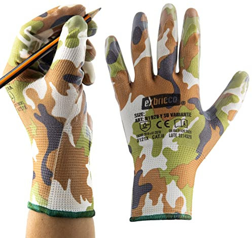 EXBRIECO, 6 Pares de Guantes de Protección CAT 2 con Nivel 5 de Destreza, Nitrilo y Poliéster Ideales para Manipulación de Grasas e Hidrocarburos en Fontanería, Ensamble, Jardinería, Tallas 6 a 11