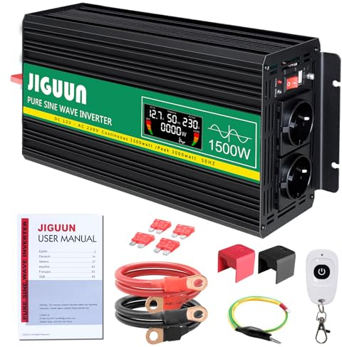 JIGUUN 1500W/3000W Wechselrichter 12V auf 230V Reiner Sinus Spannungswandler mit LCD-Anzeige,AKabellose Fernbedienung,2 EU Steckdosen,1 USB,Geeignet für Wohnmobil,Camper,LKW,Kfz Konverter