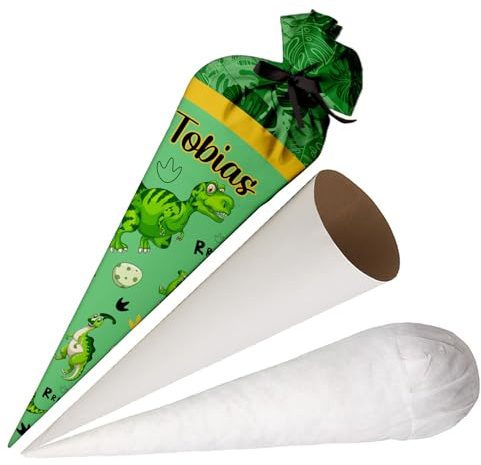 Ferocity Schultüte Jungen Dinosaurier Groß mit Namen Personalisierte Tüte 70 cm Zuckertüte aus Stoff mit runde Papprohling und Füllung aus Silikonkügelchen große Tüte als Kissen