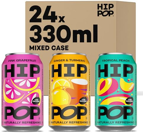 Hip Pop Soda, Mixed Flavour Case, Low Calorie, 100% Natural, Vegan, Branding of Cans May Vary, 24 x 330 ml