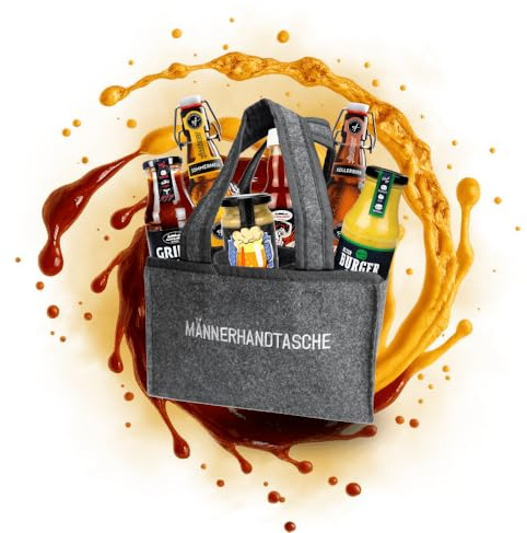 Männerhandtasche gefüllt mit Bier, Senf & Sauce
