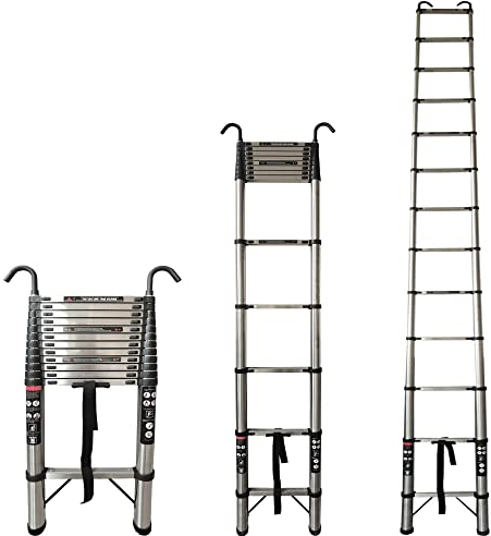 5M Teleskopleiter, Mehrzweckleiter ‎mit Haken Edelstahl EN131-zertifizierte, 150 kg/330 Pfund Belastbarkeit, Ausziehleiter für Dachboden, Kletterdach, Büronutzung, Baujob