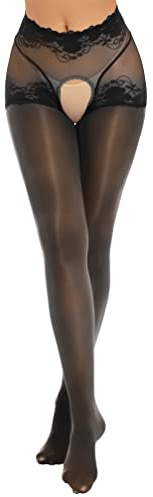 MSemis Damen Strumpfhose mit Offenem Schritt Durchsichtig Strümpfe Leggings High Waist Feinstrumpfhosen Elastische Ouvert Pantyhose Schwarz A L