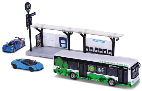 BBURAGO 1/64 TRASPORTI PUBBLICS - Playset City Bus + Station + 2 veicoli, blu o verde