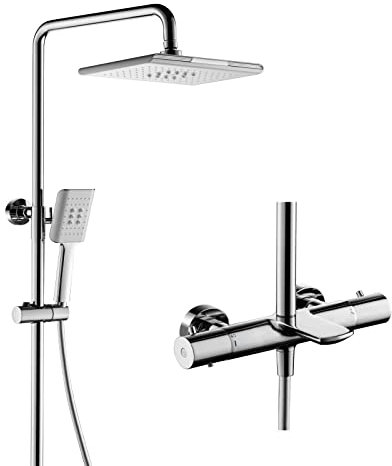SWHC Système de Douche, Chromé Colonne de Douche Réglable en Hauteur Thermostatique Mitigeur Douche avec Pommeau de Douche, Douche à Main, Robinet de Baignoire Laiton