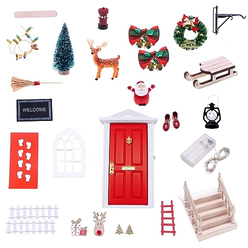 Wichteltür Zubehör Weihnachten Set, Wichteltür Zubehör Set Weihnachten, Weihnachtswichtel Tür Set, Holz Wichtel Tür, mit LED-Lichterkette, Miniatur Briefkästen, Zäun, Leiter, Stiefel, Kranz (27pcs)
