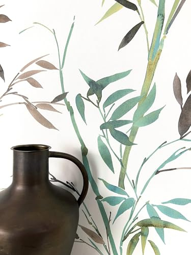 Newroom Vliestapete Bunt Dschungel Bambus Aquarell Tapete Wohnzimmer | Mix aus Grün Petrol Türkis, Leinenstruktur matt, Japandi asiatisch botanisch, Mustertapete Wandtapete, Schlafzimmer Flur