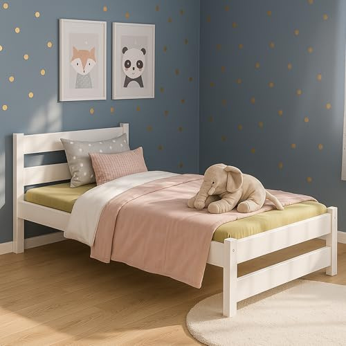 MEBLE WRÓBEL Kinderbett 80x190 cm in Weiß - Jugendbett Bett - Einzelbett aus Kiefernholz, MDF & HDF - mit Lattenrost - Tagesbett ohne Matratze