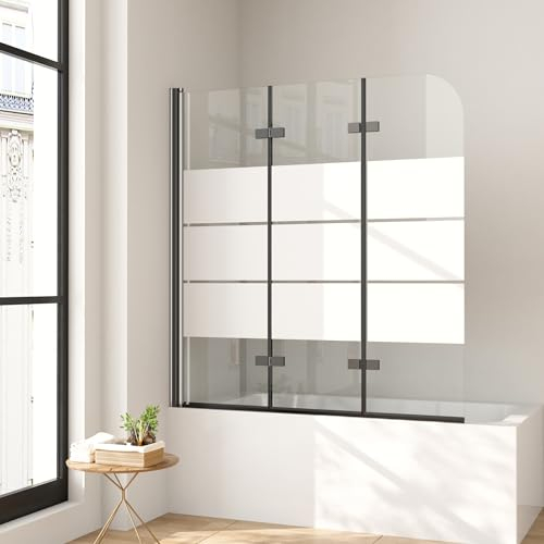 Duschwand für Badewanne 140 x 140 cm 3-teilig Gestreift Faltbar Duschtrennwand Schwarz Faltwand Duschabtrennung 6mm Nano Glas Badewannenfaltwand