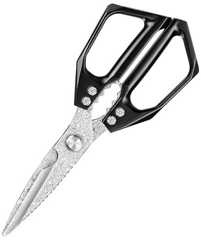 Zayiko Küchenschere 23 cm mit 8 cm langen Klingen aus 110 Lagen Damaststahl | Schwarzer Aluminiumgriff, kontrollierte Führung, für Kräuter, Gemüse, Fisch & Geflügel, geeignet für Rechts- und Linkshänder.